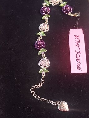 Betsey Johnson Pink and Purple Rose Link Bracelet with Green Leaves